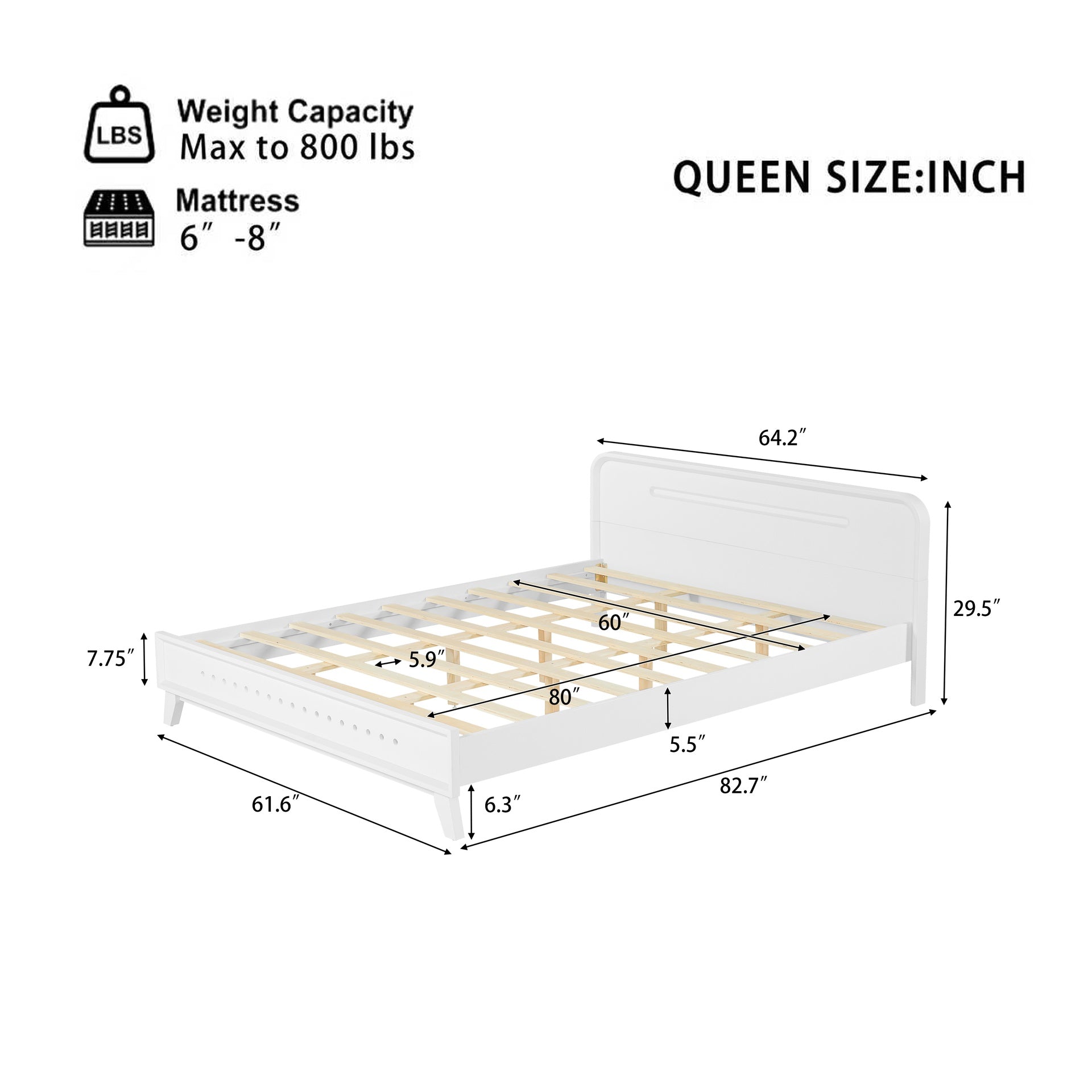 PINE SOLID WOOD QUEEN SIZE BED, SOLID AND STABLE, NO BOX SPRING NEEDED, WHITE COLOR