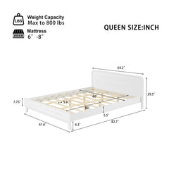 PINE SOLID WOOD QUEEN SIZE BED, SOLID AND STABLE, NO BOX SPRING NEEDED, WHITE COLOR