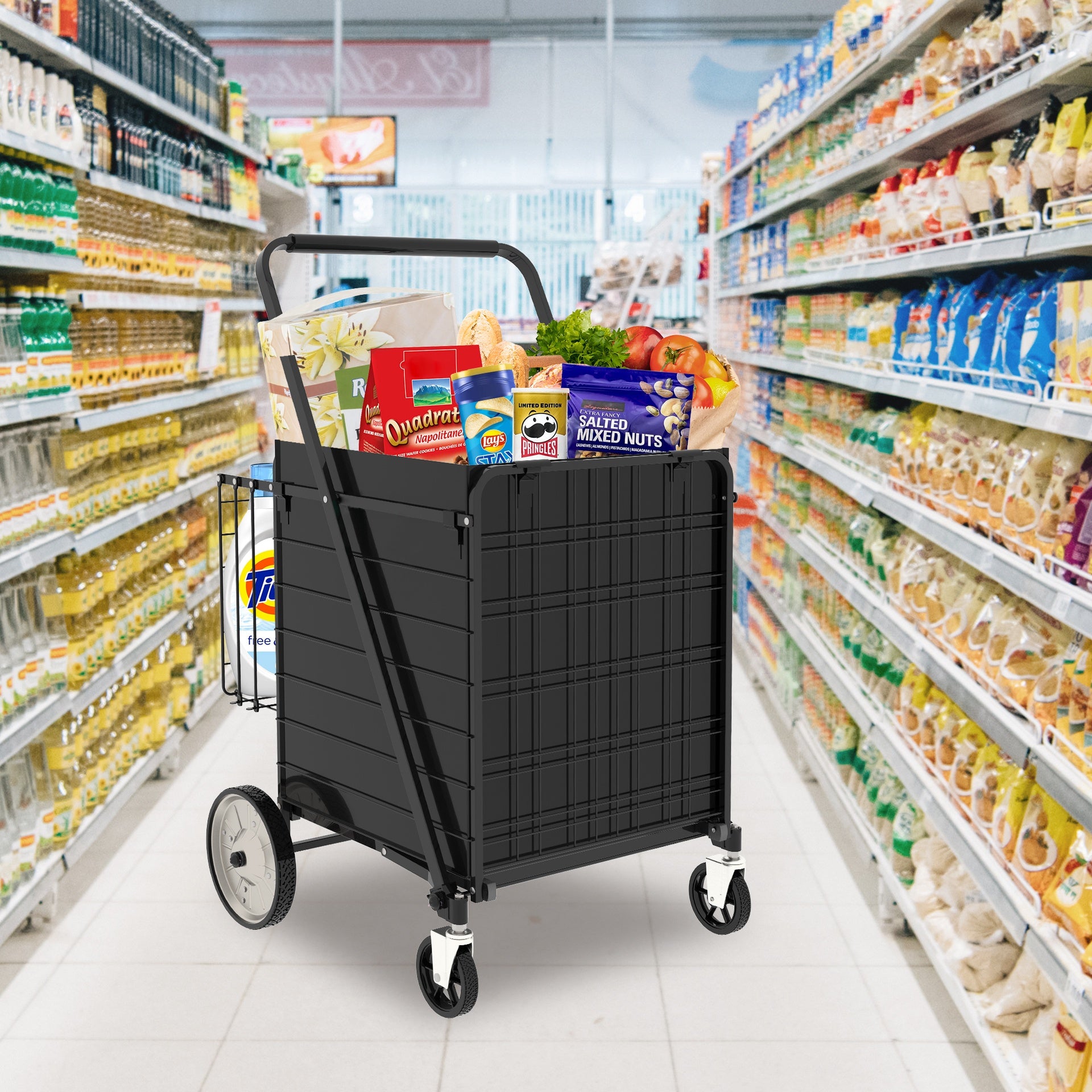 Bigger Super Jumbo Shopping Cart,Grocery Cart on Wheels, Foldable Utility Shopping Carts with Double Basket and 360° Rolling Swivel Wheels for Groceries Laundry