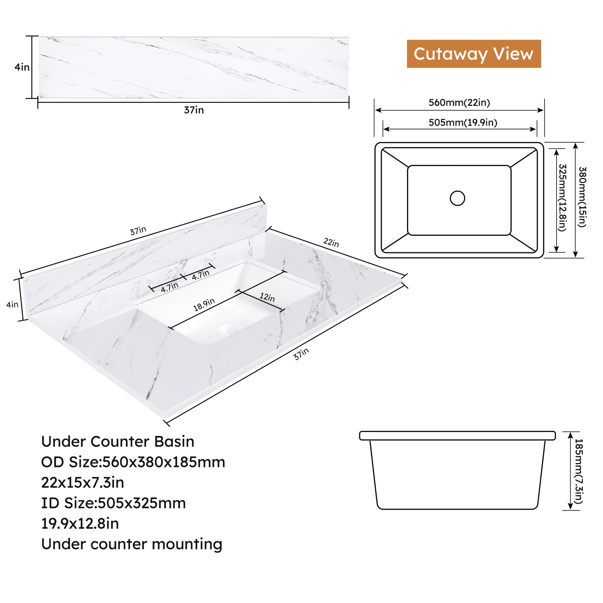 37 Inch Marble Vanity Top, White Vanity Top with 3 Pre-drilled Faucet Holes, Bathroom Vanity Top with Undermount Rectangular Middle Sink and 4" Height Backsplash,  Bianco Carrara Venato