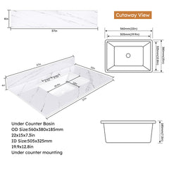 37 Inch Marble Vanity Top, White Vanity Top with 3 Pre-drilled Faucet Holes, Bathroom Vanity Top with Undermount Rectangular Middle Sink and 4" Height Backsplash,  Bianco Carrara Venato