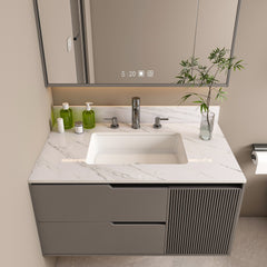 37 Inch Marble Vanity Top, White Vanity Top with 3 Pre-drilled Faucet Holes, Bathroom Vanity Top with Undermount Rectangular Middle Sink and 4" Height Backsplash,  Bianco Carrara Venato