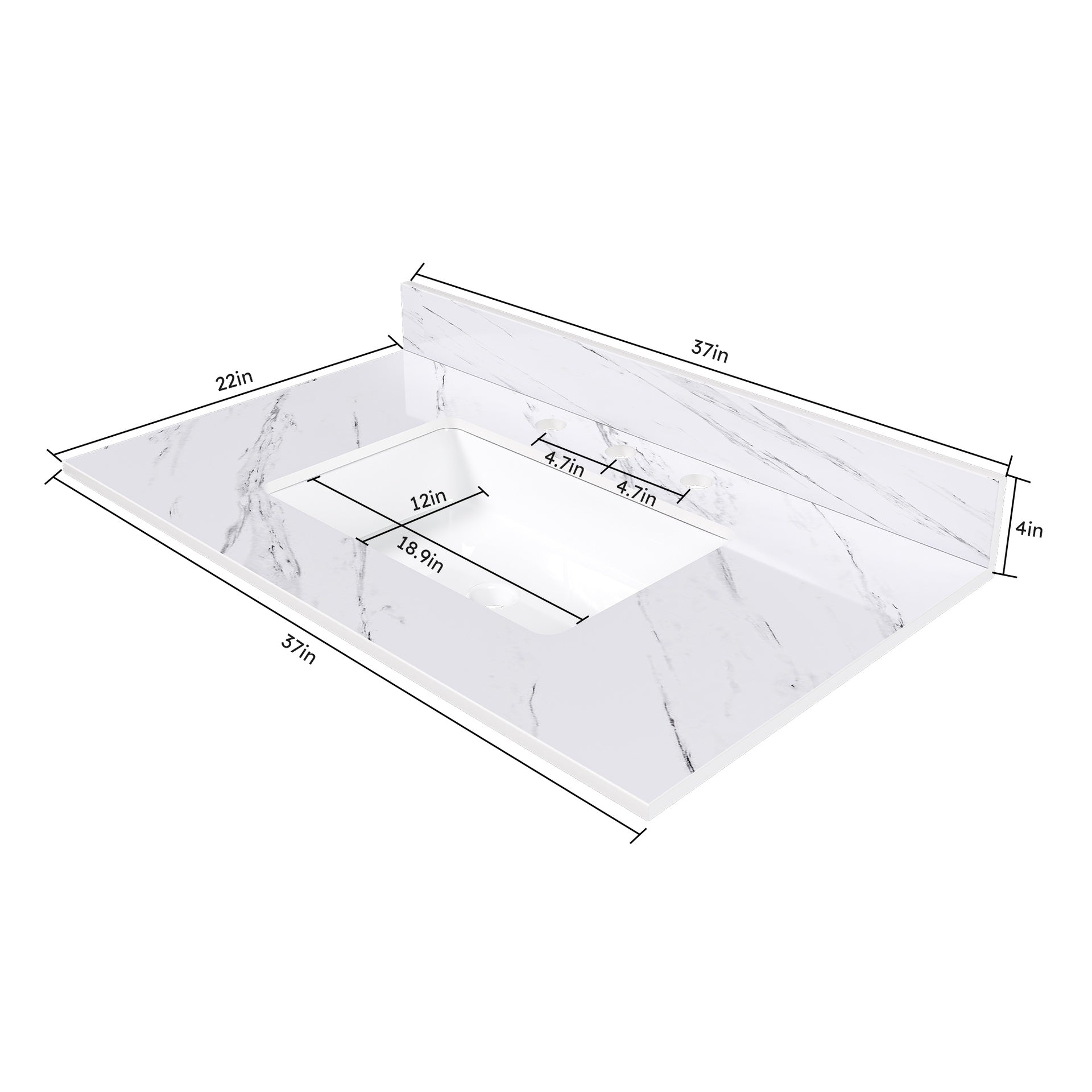 37 Inch Marble Vanity Top, White Vanity Top with 3 Pre-drilled Faucet Holes, Bathroom Vanity Top with Undermount Rectangular Middle Sink and 4" Height Backsplash,  Bianco Carrara Venato