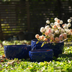 Handmade Ceramic Planter Set of 3, 15"/12"/10" Diameter, Cobalt Blue Hammered Texture, for Succulents & Violets, Indoor/Outdoor Use on Windowsill & Bookshelf, Breathable Clay