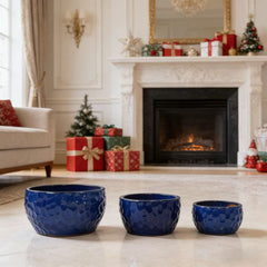 Handmade Ceramic Planter Set of 3, 15"/12"/10" Diameter, Cobalt Blue Hammered Texture, for Succulents & Violets, Indoor/Outdoor Use on Windowsill & Bookshelf, Breathable Clay