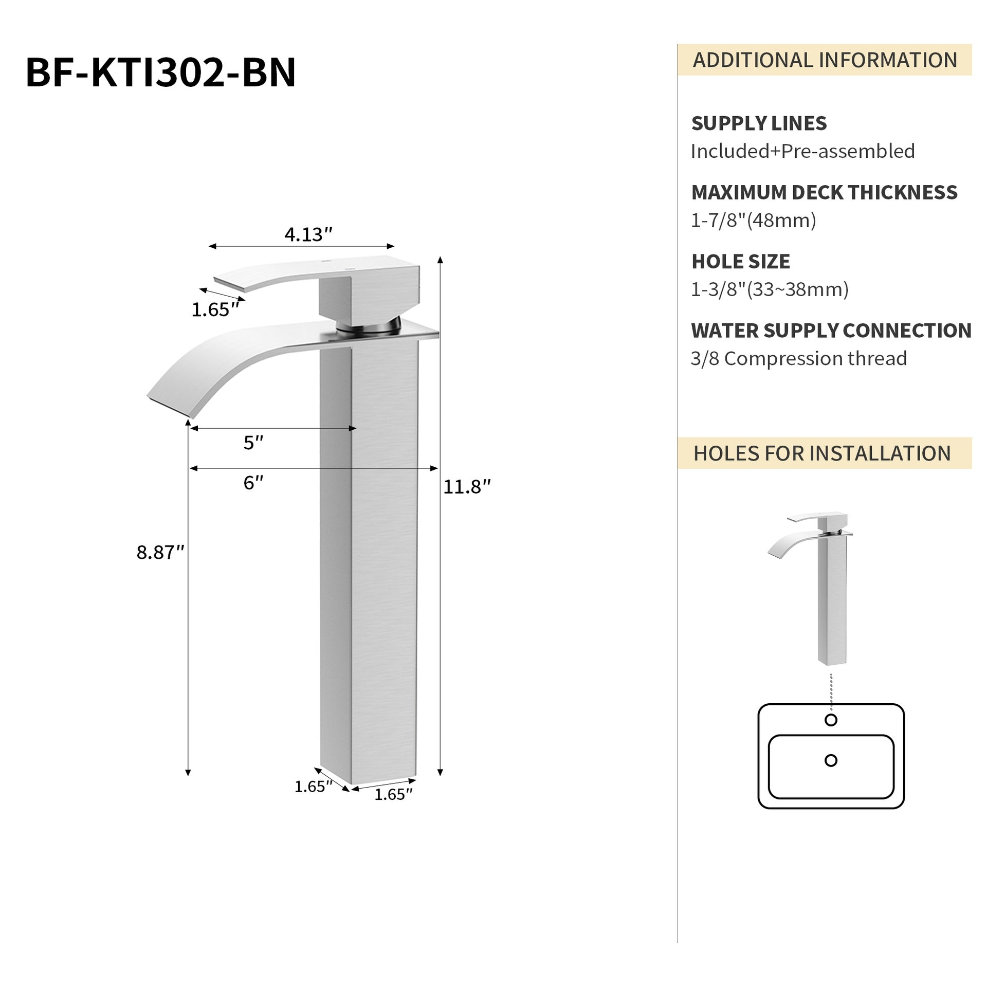 Bothwa Home CUPC Certified 6" Lark Single Handle Bathroom Sink Faucet (Brushed Nickel Finish)