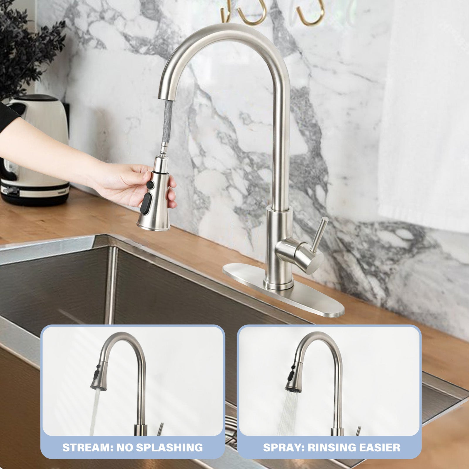 Brushed Nickel Pull-Down Kitchen Faucet - Single Hole Deck Mount with Stainless Steel Sprayer & Single Handle Control