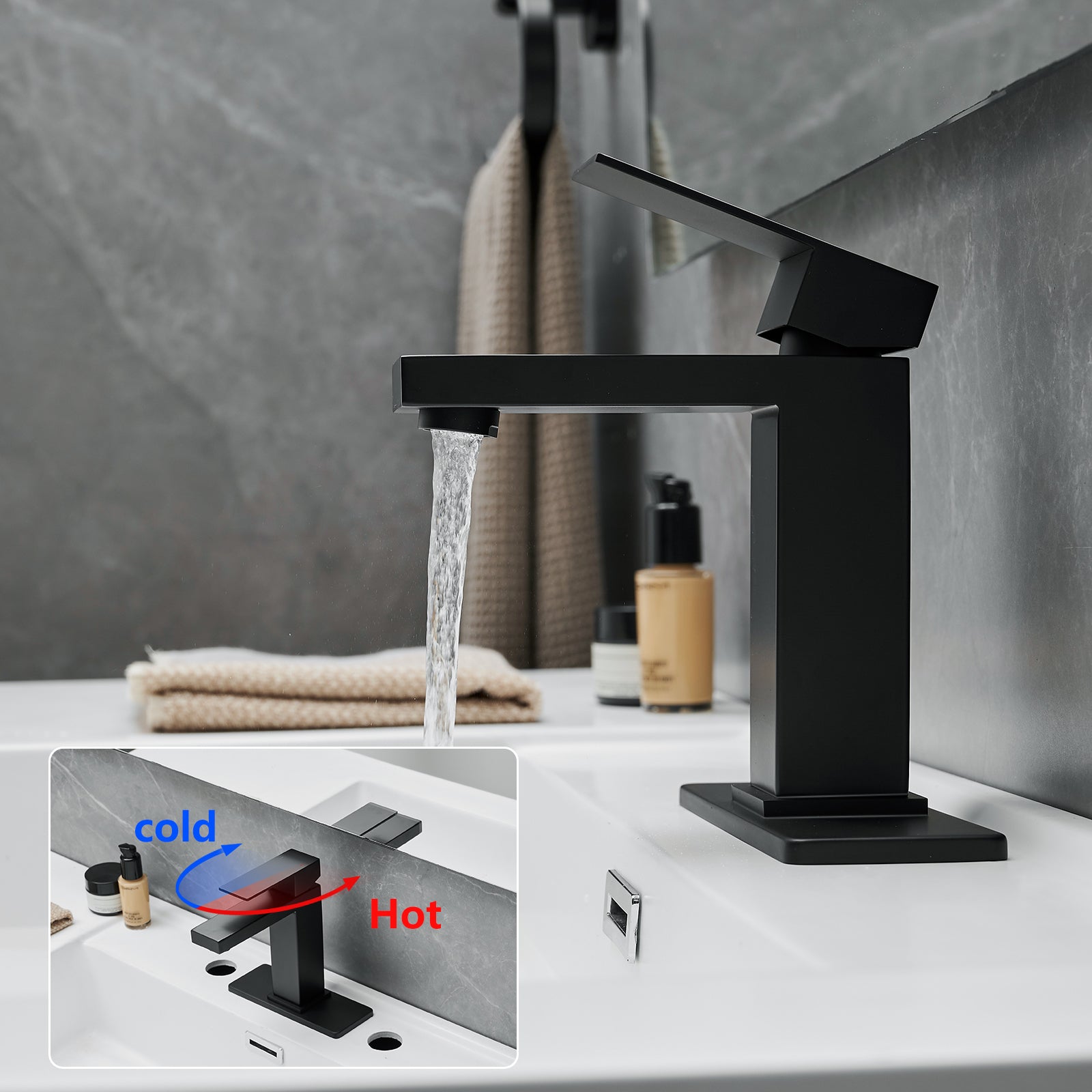 Sink Faucet With Deck Plate Waterfall Black with Pop Up Drain and Supply Lines Bathroom faucets for Sink 1 Hole One Handle Faucets Vanity Bath Mixer Tap