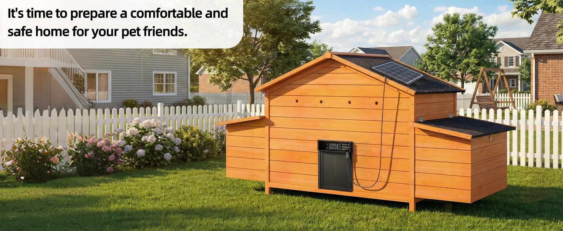 Automatic Chicken Coop with Solar-Powered Door, Weatherproof Design, Ventilated, with 2 Nesting Boxes, Timer & Light Sensor – Durable Outdoor Chicken House with Pull-Out Tray for Easy Cleaning