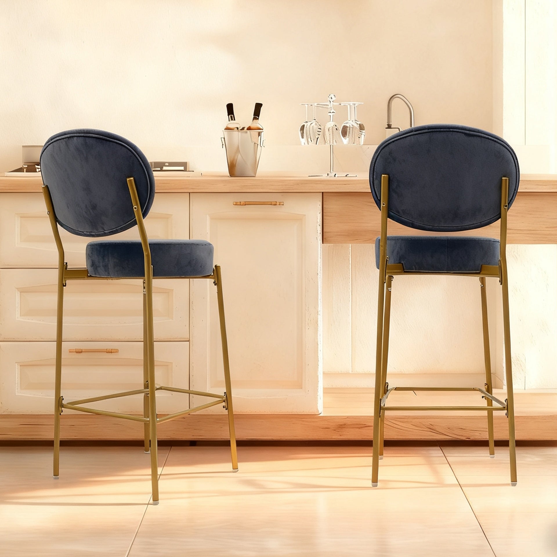 Set of 2 Velvet Upholstered Bar Stools Round Counter Stool with Backrest & Footrest Dining Chairs for Kitchen Island (Gray)