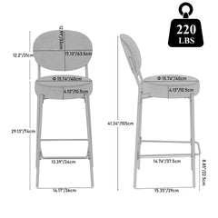 Set of 2 Velvet Upholstered Bar Stools Round Counter Stool with Backrest & Footrest Dining Chairs for Kitchen Island (Gray)
