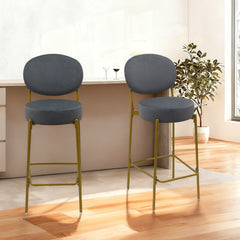 Set of 2 Velvet Upholstered Bar Stools Round Counter Stool with Backrest & Footrest Dining Chairs for Kitchen Island (Gray)