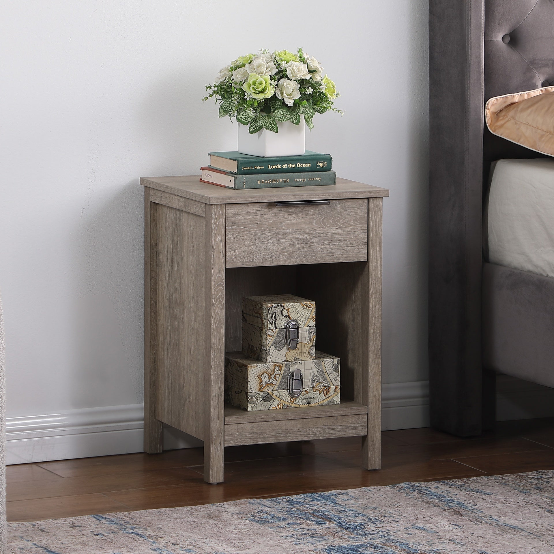 Nightstand with Drawer,End Table With Drawer and Open Shelf,Easy Assemble,Sturdy Side Frames,Metal Handle,Night Stand for Bedroom, Side Table for LivingRoom,Rustic Grey