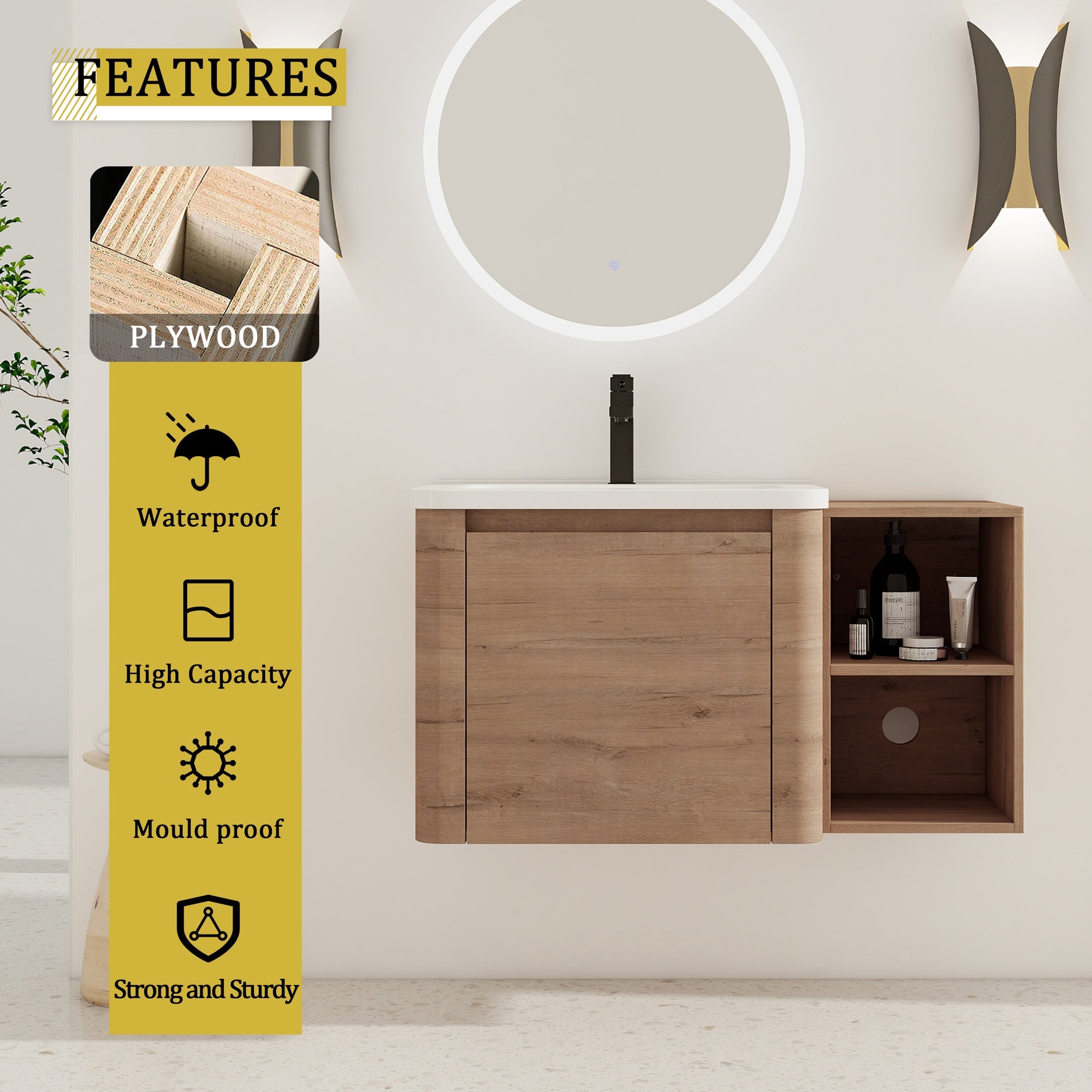 36'' Wall-Mounted Bathroom Vanity with White Ceramic Sink and Storage Shelves & 1-Soft-Close Door, KD-Packing, Plywood