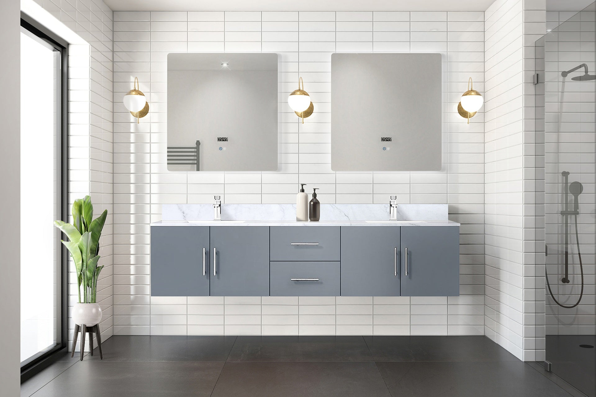 Dark Grey Double Bath Vanity 80 in. W x 22 in. D, Carrara Marble Top, and Faucet Set