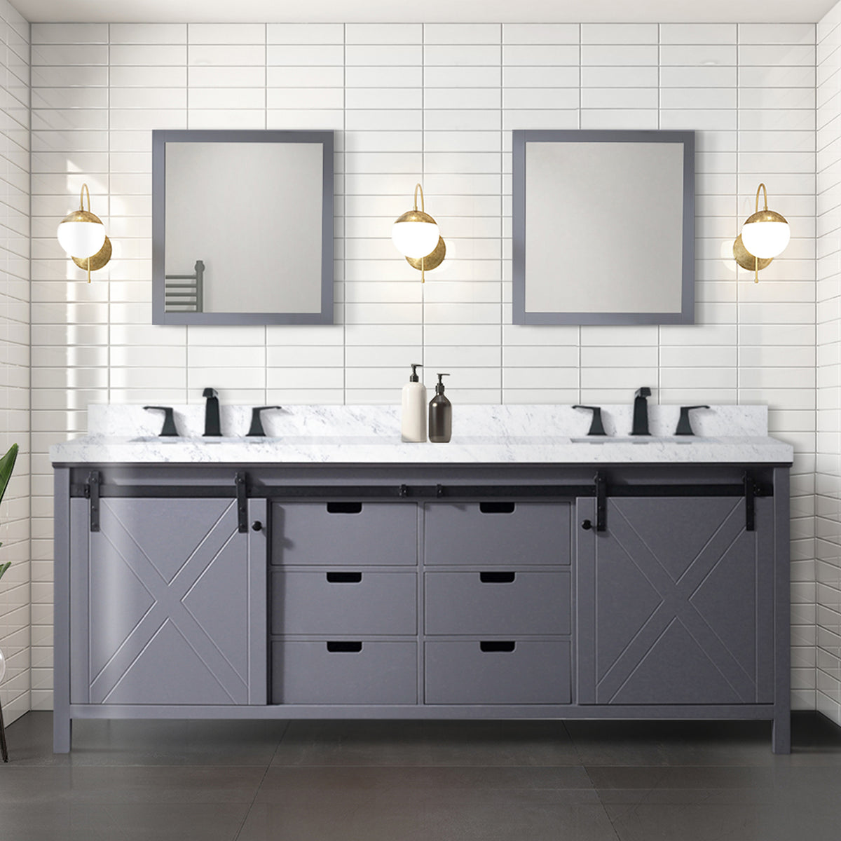 Dark Grey Double Bath Vanity 84 in. W x 22 in. D, Carrara Marble Countertop and Faucet Set