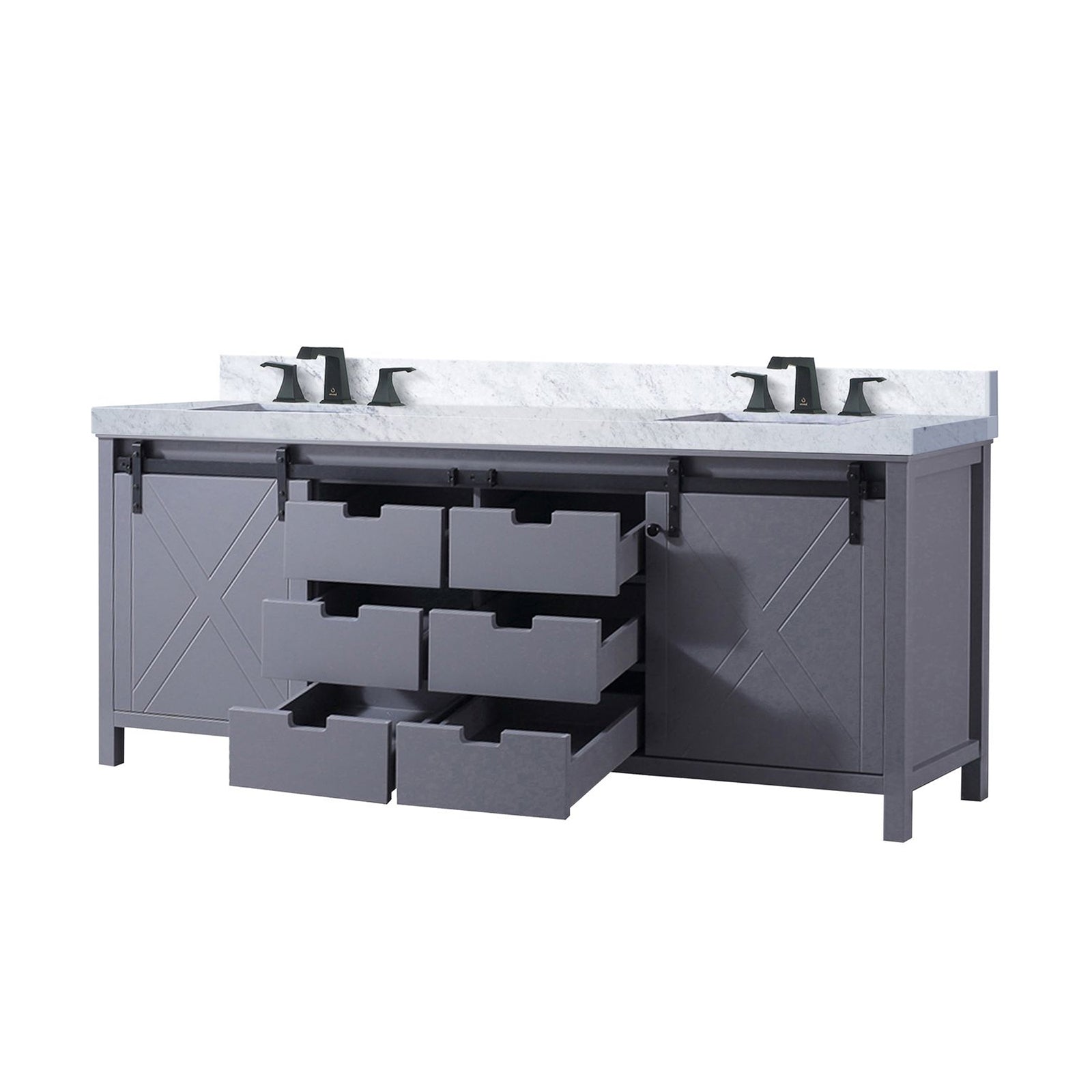 Dark Grey Double Bath Vanity 84 in. W x 22 in. D, Carrara Marble Countertop and Faucet Set