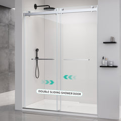 68-72*76 INCH Frameless Double Sliding Soft-Close Shower Doors, Bathroom Sliding Shower Door Glass Door,Shower Door ,(10mm) Thick SGCC Tempered Glass Door For Bathroom + Stainless Steel-Brushed Nickel