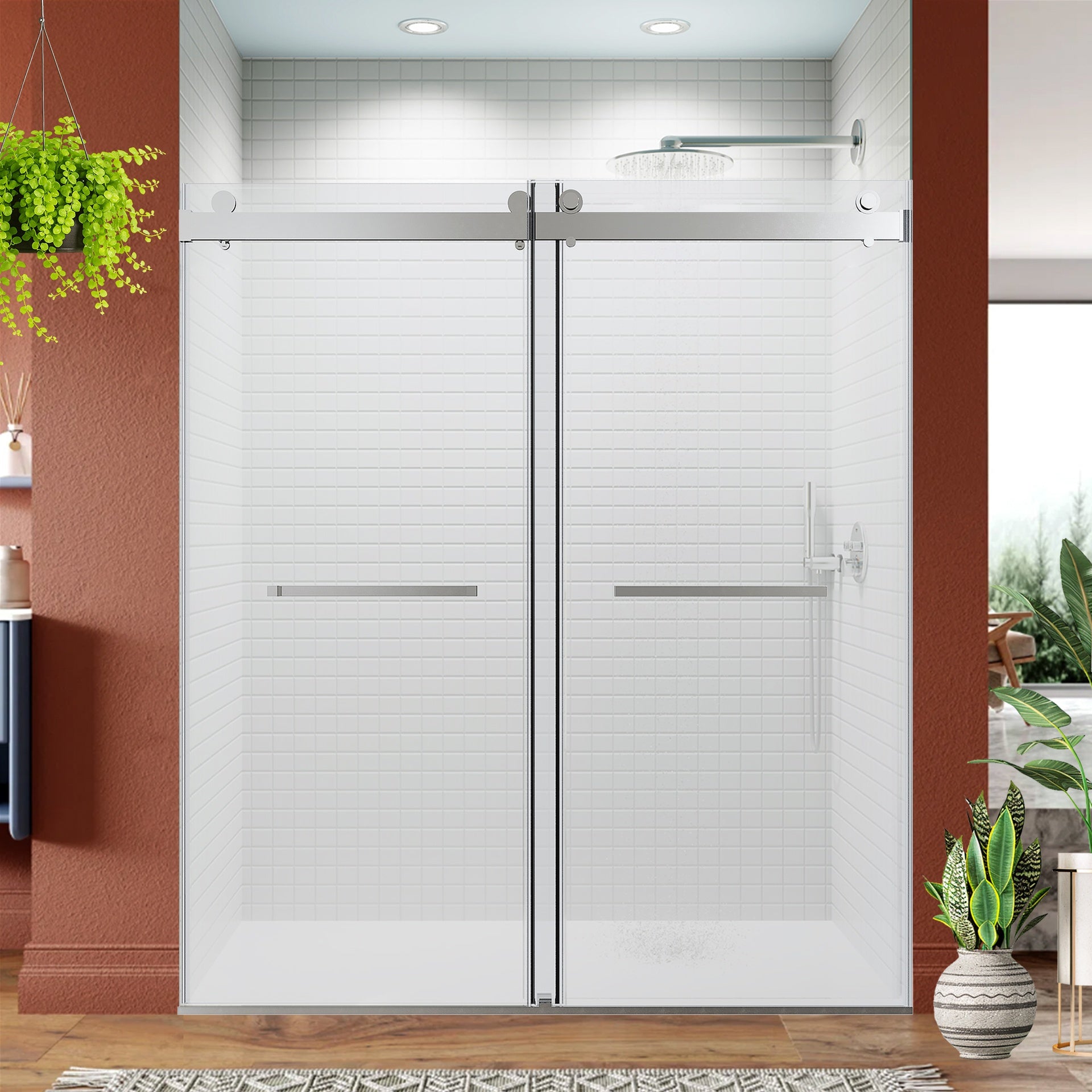 68-72*76 INCH Frameless Double Sliding Soft-Close Shower Doors, Bathroom Sliding Shower Door Glass Door,Shower Door ,(10mm) Thick SGCC Tempered Glass Door For Bathroom + Stainless Steel-Brushed Nickel