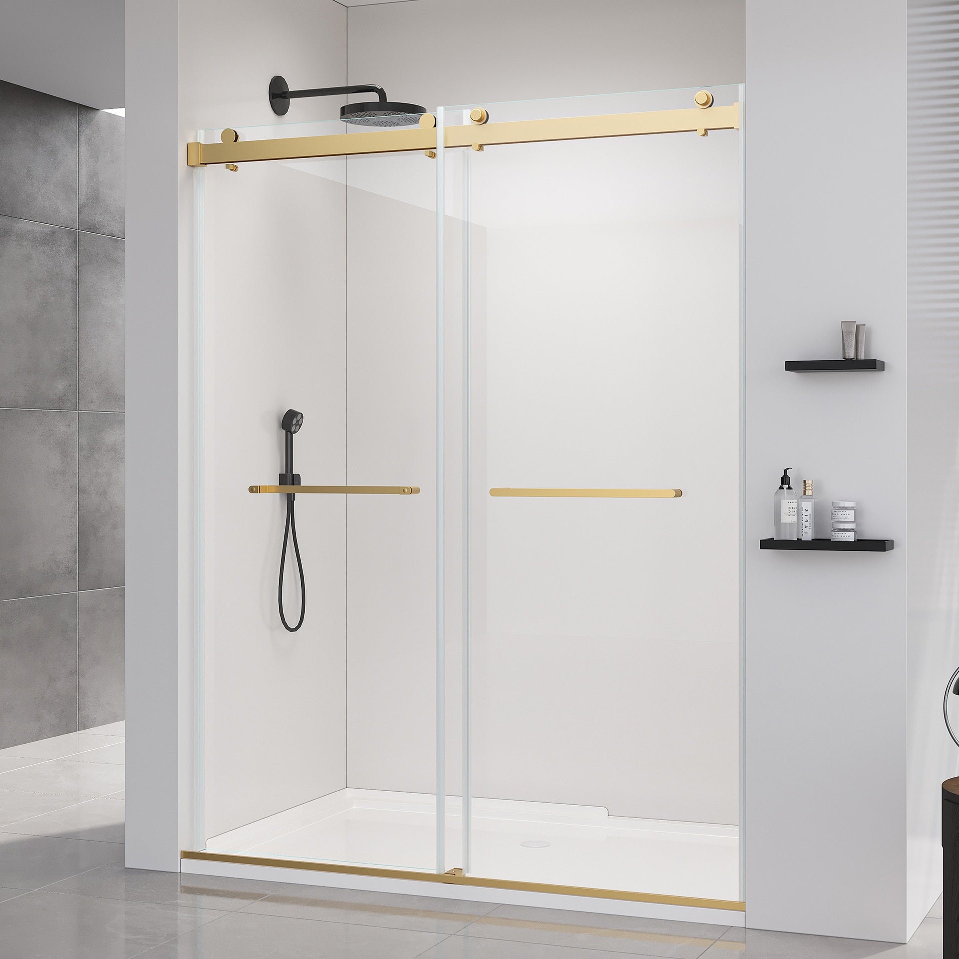 56-60*76 INCH Double Sliding Frameless Soft-Close Shower Door with Premium (8mm)Thick Tampered Glass and Easy-Cleaning Coating In Brushed Gold