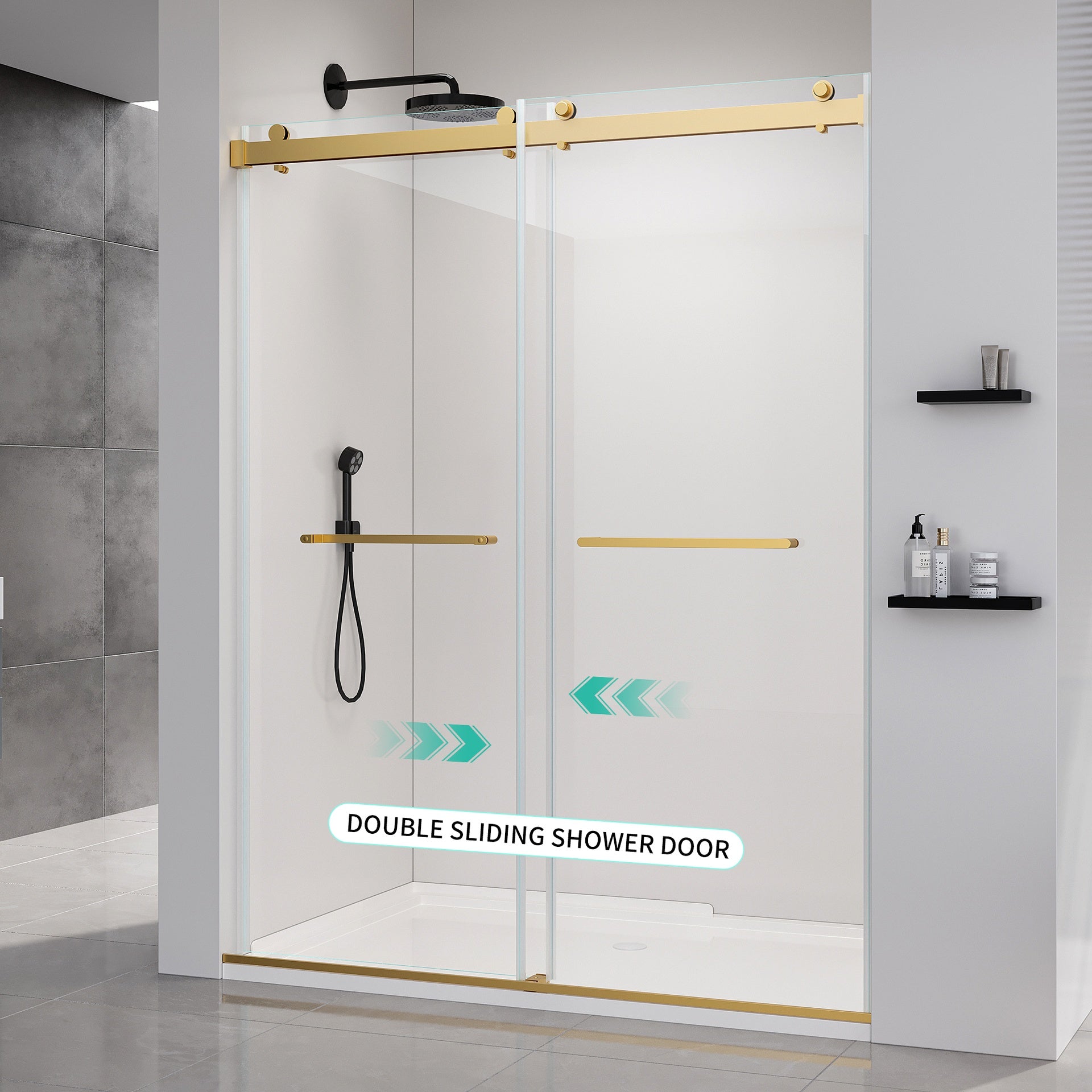 56-60*76 INCH Double Sliding Frameless Soft-Close Shower Door with Premium (8mm)Thick Tampered Glass and Easy-Cleaning Coating In Brushed Gold