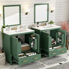 60" Green Bathroom Vanity Set with Double Vanities (Separate), Double Ceramic Sinks, Storage Shelf, and Divided Drawers  (Mirror not included)– Modern Bathroom Solution for Spacious Bathrooms
