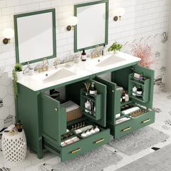 60" Green Bathroom Vanity Set with Double Vanities (Separate), Double Ceramic Sinks, Storage Shelf, and Divided Drawers  (Mirror not included)– Modern Bathroom Solution for Spacious Bathrooms