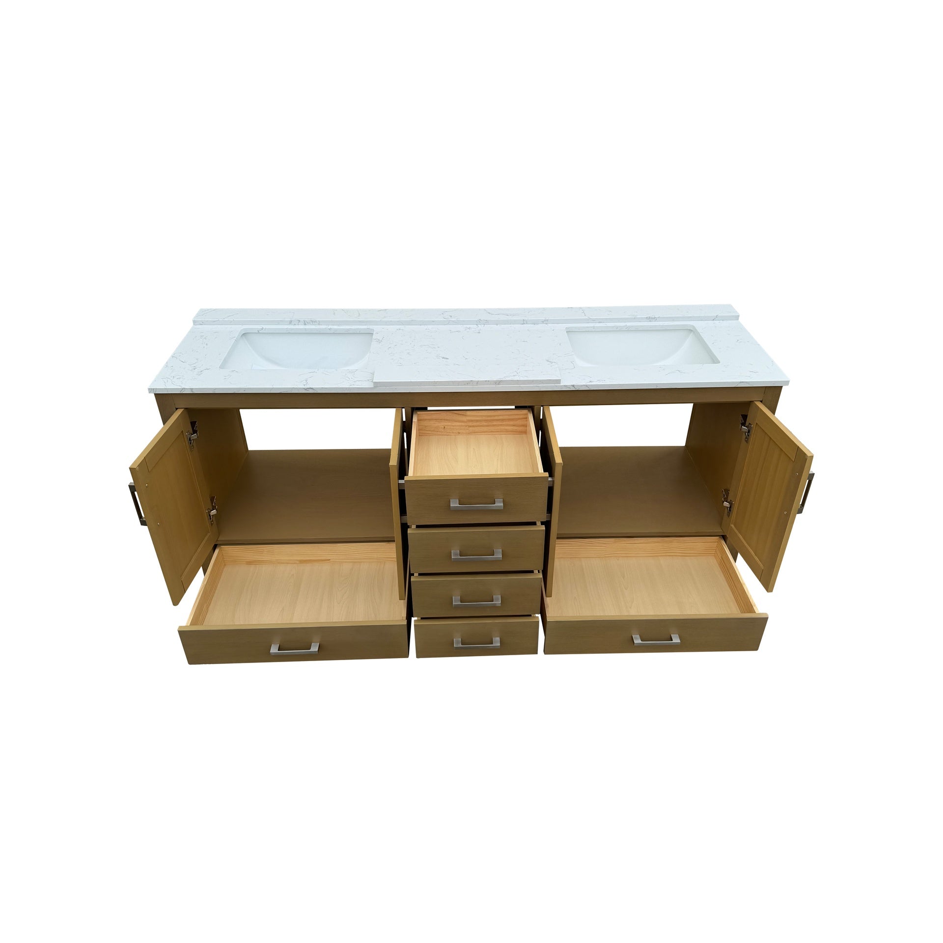72" Bathroom Vanity with double basins Sink & Faucet Hole, Bathroom Storage Vanity Sink Cabinet with 4 Doors ＆ 6 Drawers in Oak