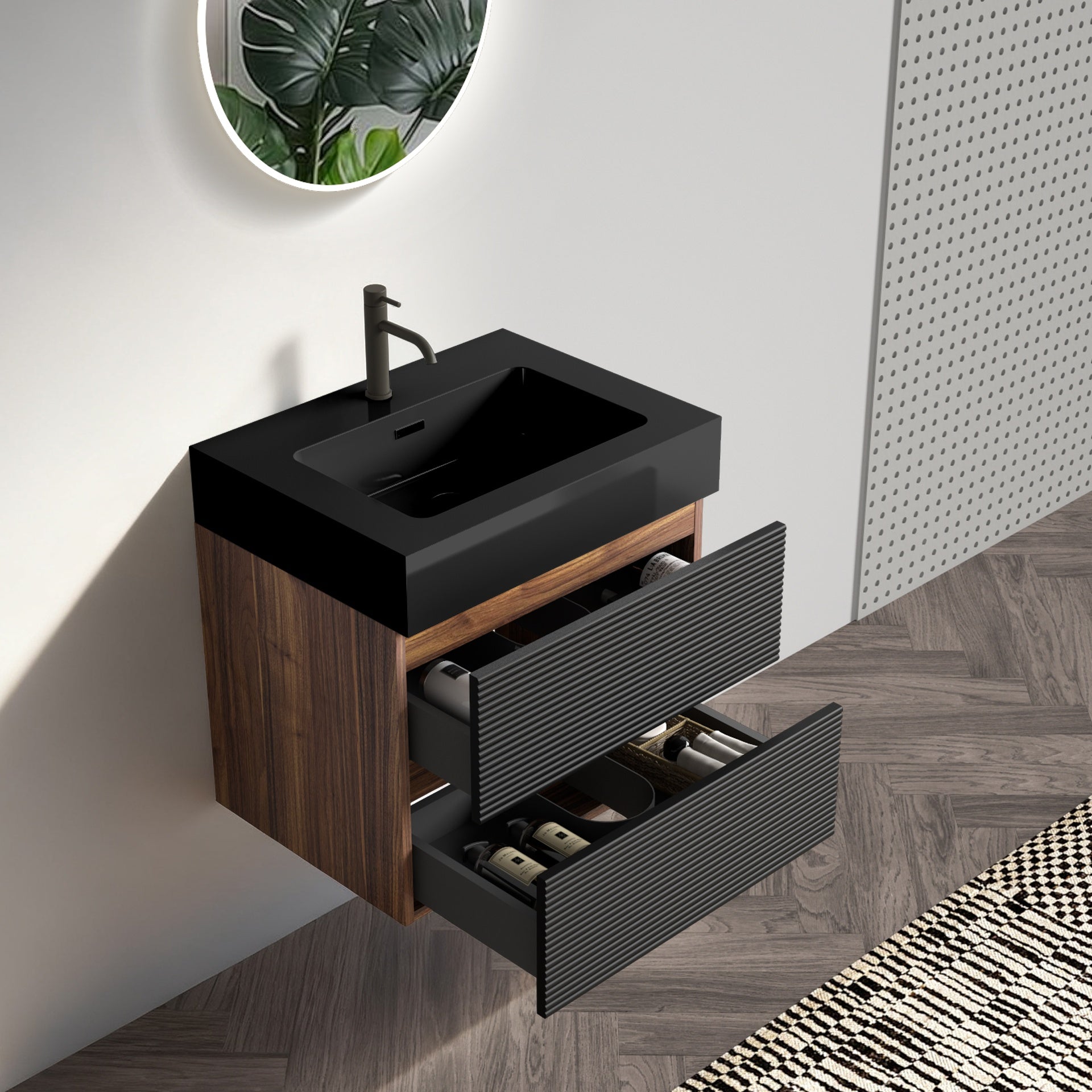 Grace 24'' Bathroom Vanity with Matt Black Engineered Quartz Sink and Soft Black Drawers, Wall Mounted Floating Bathroom Vanity for Modern Bathroom, One-piece basin without drainage and faucet, KD