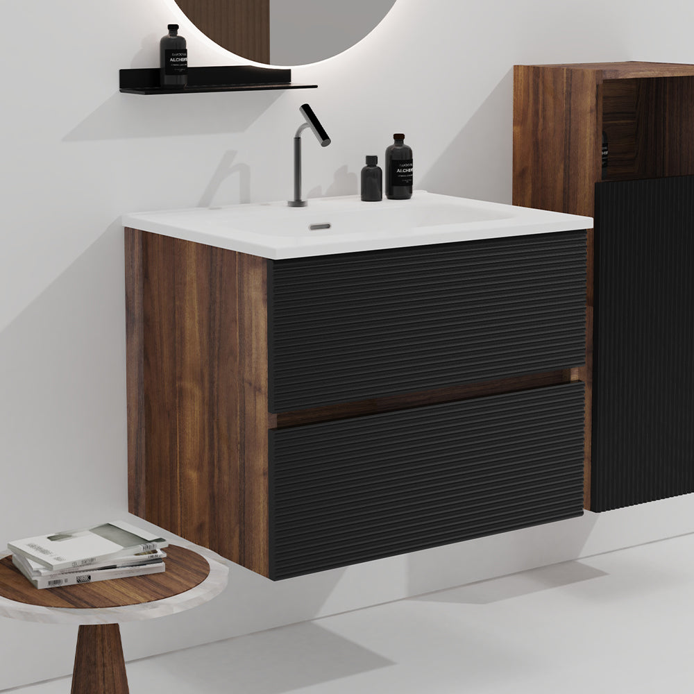 Gloria 24" Wall Mounted Soft Black & Walnut Bathroom Vanity with Integrated Ceramic Sink with Overflow, Large Storage Floating Bathroom Vanity for Modern Bathroom, KD