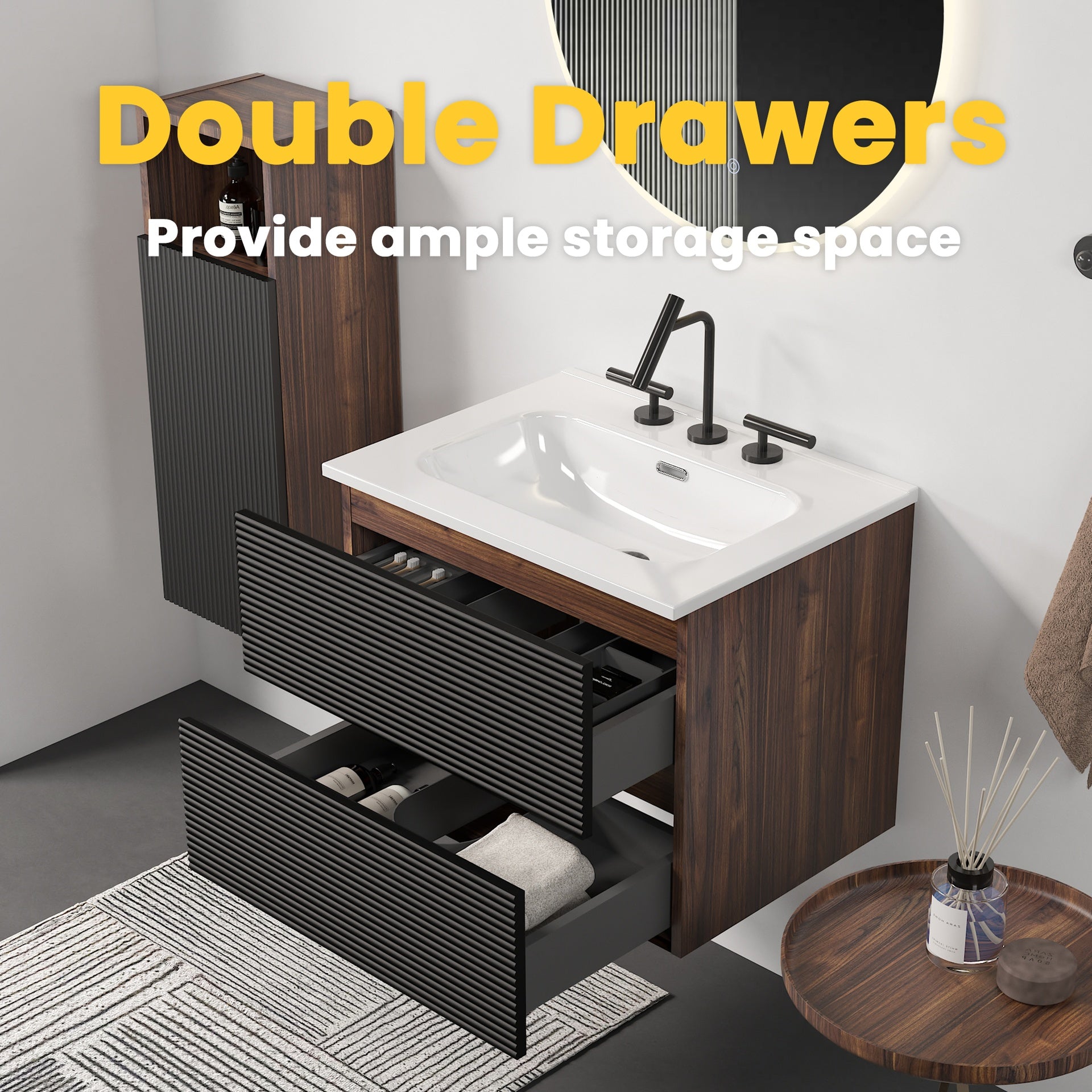 Gloria 24" Wall Mounted Soft Black & Walnut Bathroom Vanity with Integrated Ceramic Sink with Overflow, with 3 holes, Large Storage Floating Bathroom Vanity for Modern Bathroom, KD