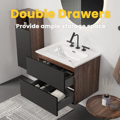 Gloria 24" Wall Mounted Soft Black & Walnut Bathroom Vanity with Integrated Ceramic Sink with Overflow, with 3 holes, Large Storage Floating Bathroom Vanity for Modern Bathroom, KD