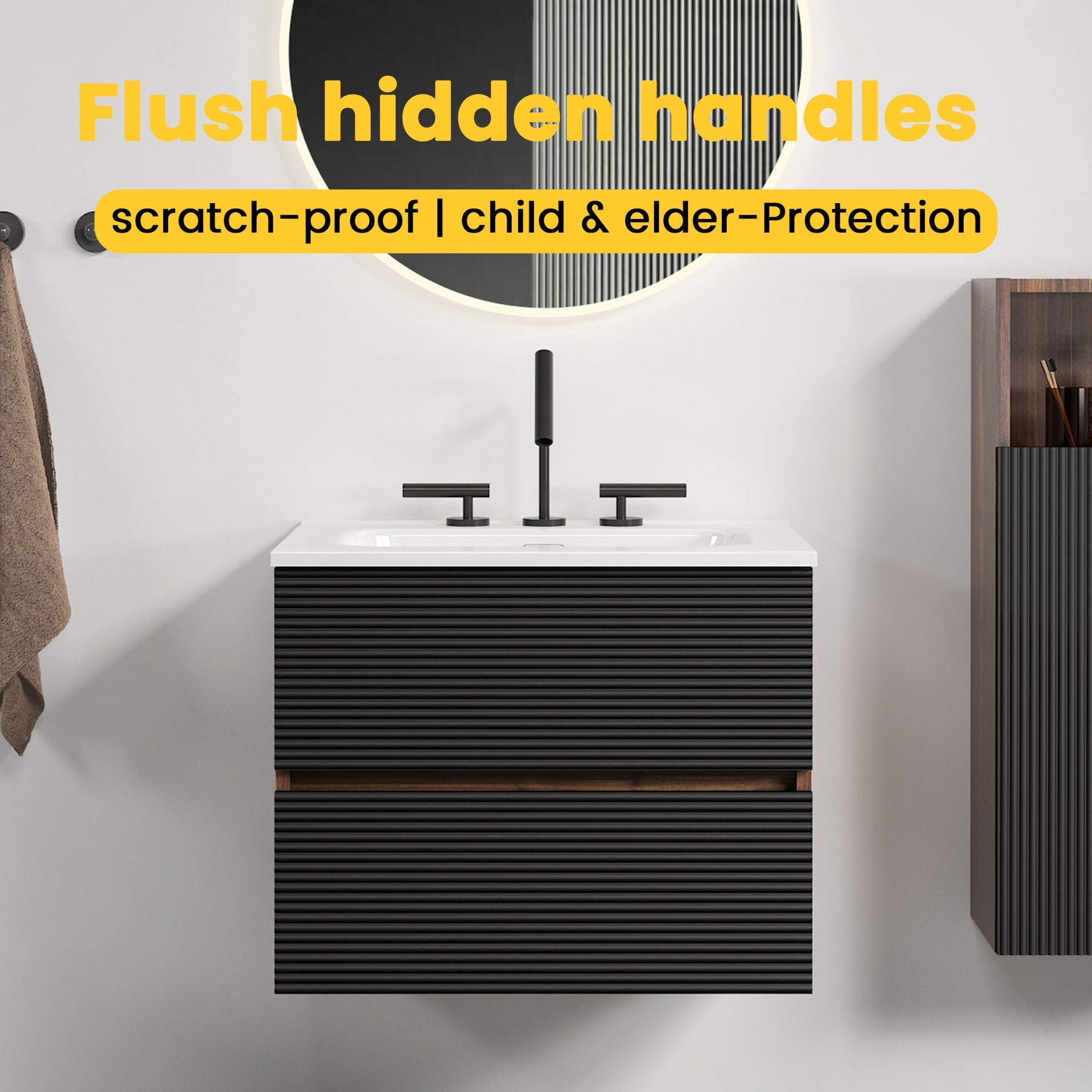 Gloria 24" Wall Mounted Soft Black & Walnut Bathroom Vanity with Integrated Ceramic Sink with Overflow, with 3 holes, Large Storage Floating Bathroom Vanity for Modern Bathroom, KD