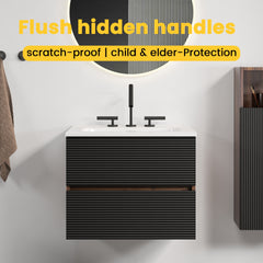 Gloria 24" Wall Mounted Soft Black & Walnut Bathroom Vanity with Integrated Ceramic Sink with Overflow, with 3 holes, Large Storage Floating Bathroom Vanity for Modern Bathroom, KD