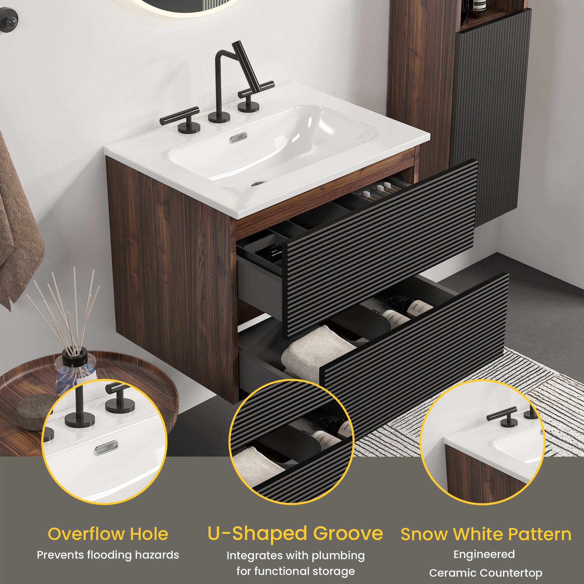 Gloria 24" Wall Mounted Soft Black & Walnut Bathroom Vanity with Integrated Ceramic Sink with Overflow, with 3 holes, Large Storage Floating Bathroom Vanity for Modern Bathroom, KD