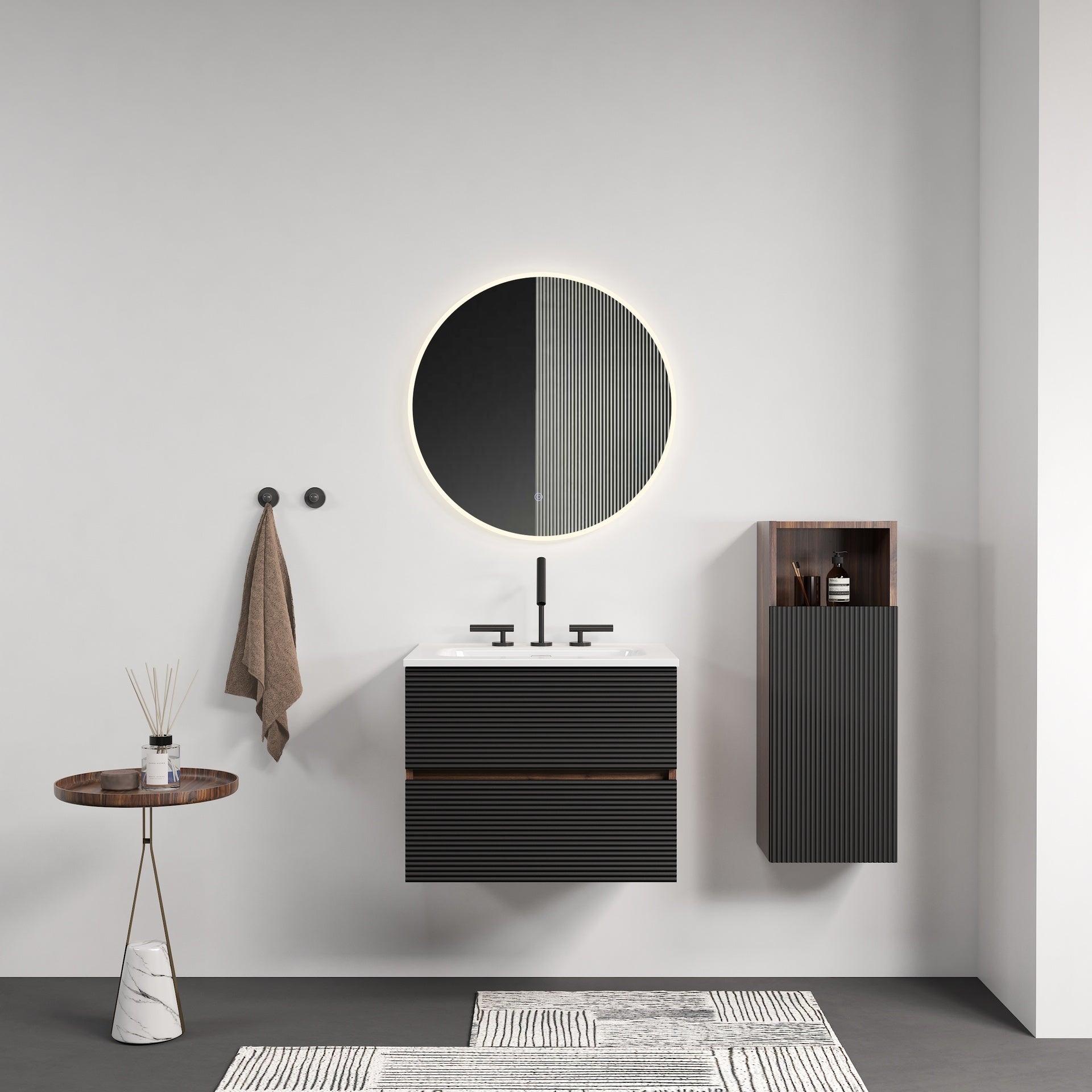 Gloria 24" Wall Mounted Soft Black & Walnut Bathroom Vanity with Integrated Ceramic Sink with Overflow, with 3 holes, Large Storage Floating Bathroom Vanity for Modern Bathroom, KD