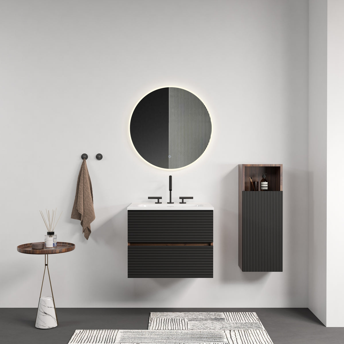 Gloria 24" Wall Mounted Soft Black & Walnut Bathroom Vanity with Integrated Ceramic Sink with Overflow, with 3 holes, Large Storage Floating Bathroom Vanity for Modern Bathroom, KD