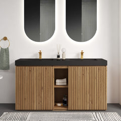 GALAN 60F" Knotty Oak Bathroom Vanity with Sink, Large Storage Freestanding Bathroom Vanity for Modern Bathroom, One-Piece Black Quartz Double Sink Basin without Drain and Faucet, KD