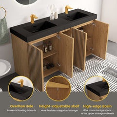 GALAN 60F" Knotty Oak Bathroom Vanity with Sink, Large Storage Freestanding Bathroom Vanity for Modern Bathroom, One-Piece Black Quartz Double Sink Basin without Drain and Faucet, KD