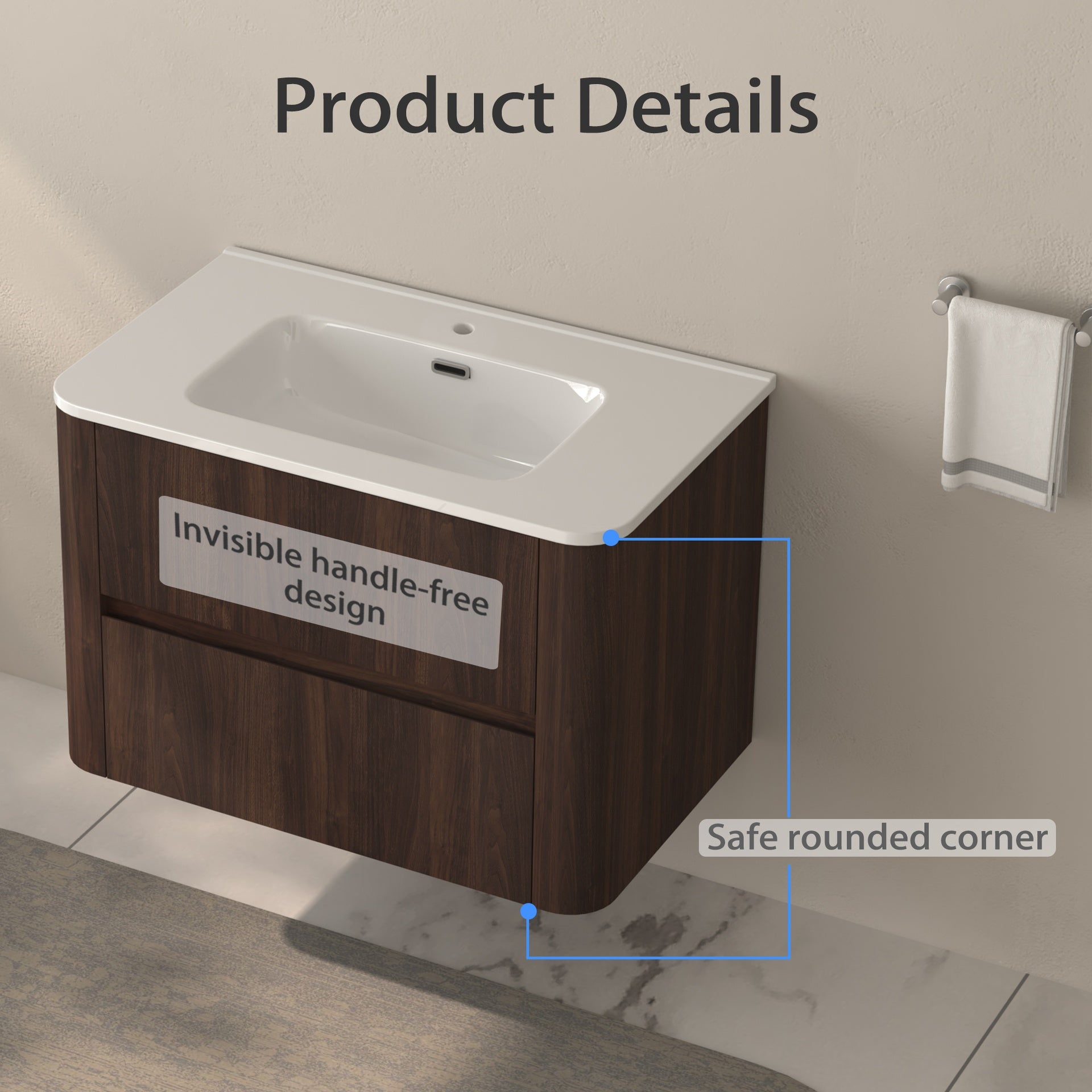 30" Wall Mounted Bathroom Vanity with Sink Floating Vanity Two Drawers Dark Walnut Bathroom Cabinet with White Ceramic Integrated Sink