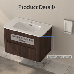 30" Wall Mounted Bathroom Vanity with Sink Floating Vanity Two Drawers Dark Walnut Bathroom Cabinet with White Ceramic Integrated Sink