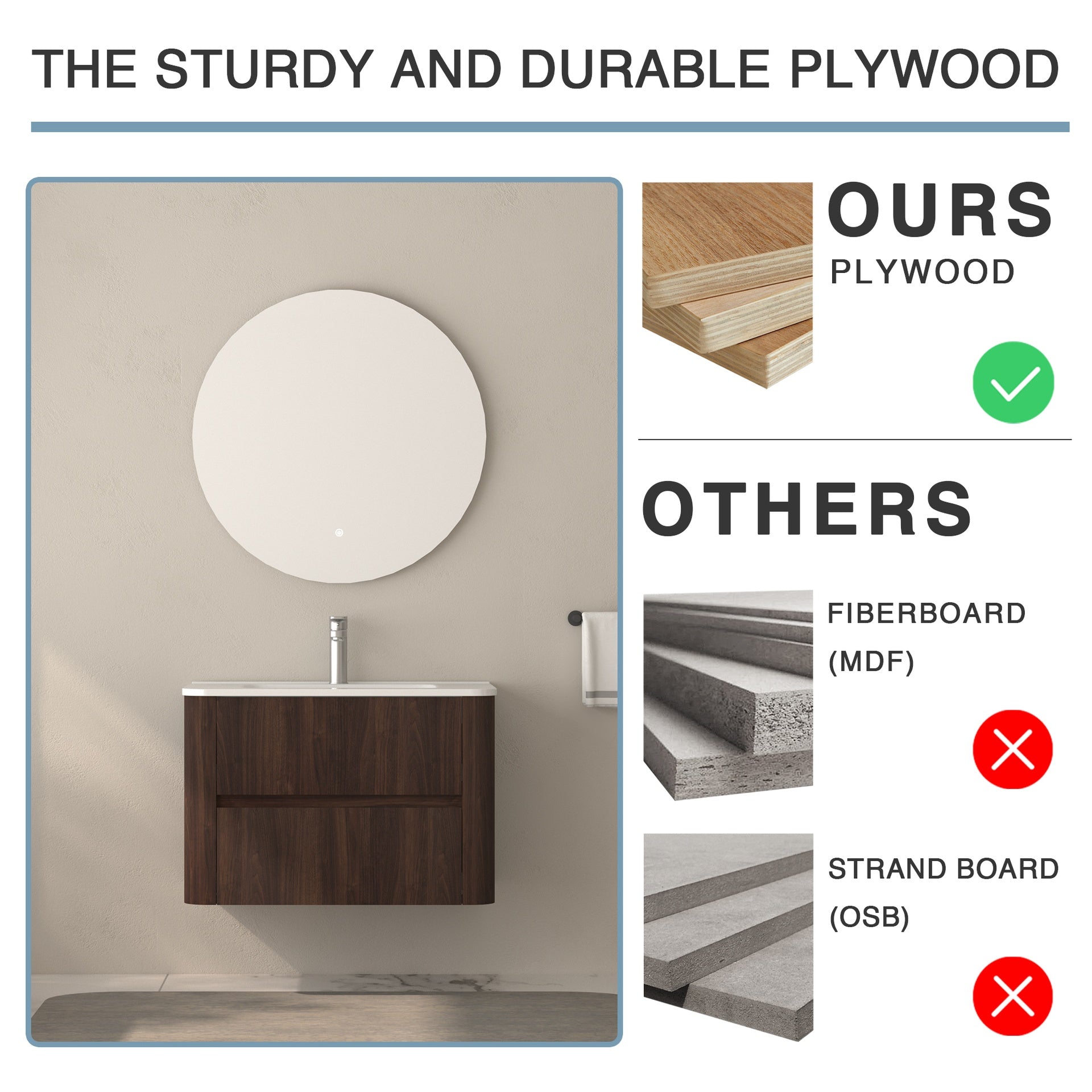 30" Wall Mounted Bathroom Vanity with Sink Floating Vanity Two Drawers Dark Walnut Bathroom Cabinet with White Ceramic Integrated Sink