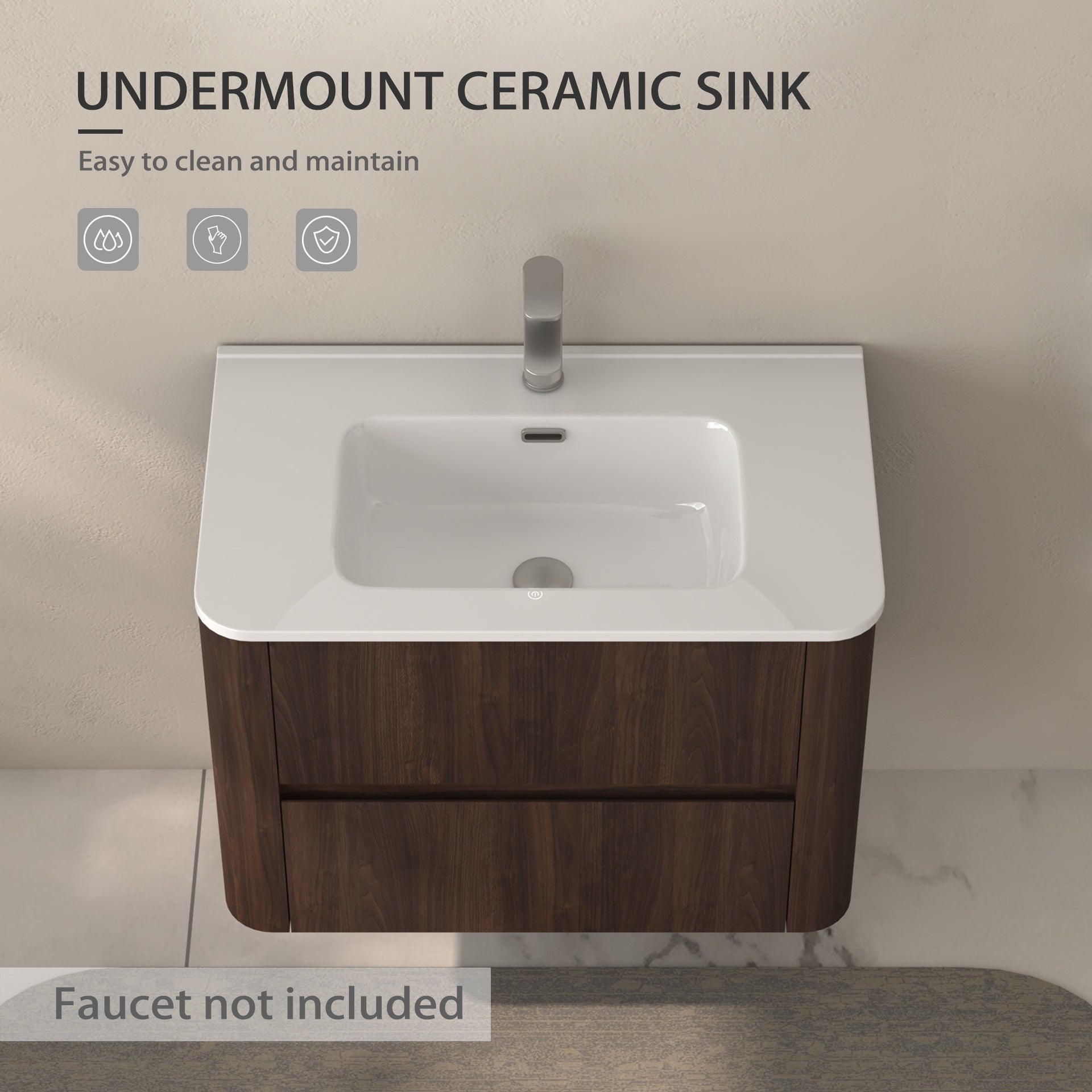 30" Wall Mounted Bathroom Vanity with Sink Floating Vanity Two Drawers Dark Walnut Bathroom Cabinet with White Ceramic Integrated Sink