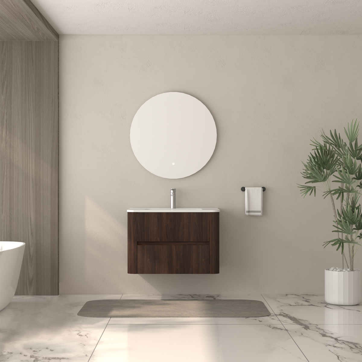 30" Wall Mounted Bathroom Vanity with Sink Floating Vanity Two Drawers Dark Walnut Bathroom Cabinet with White Ceramic Integrated Sink