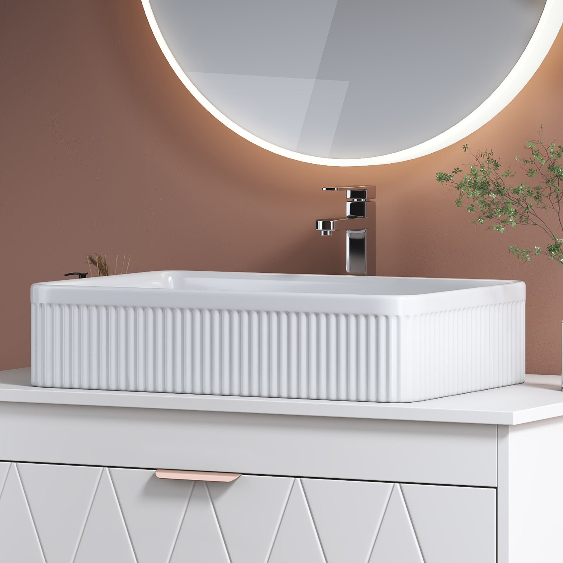 White Rectangular Ceramic Bathroom Vessel Sink with Drain Assembly