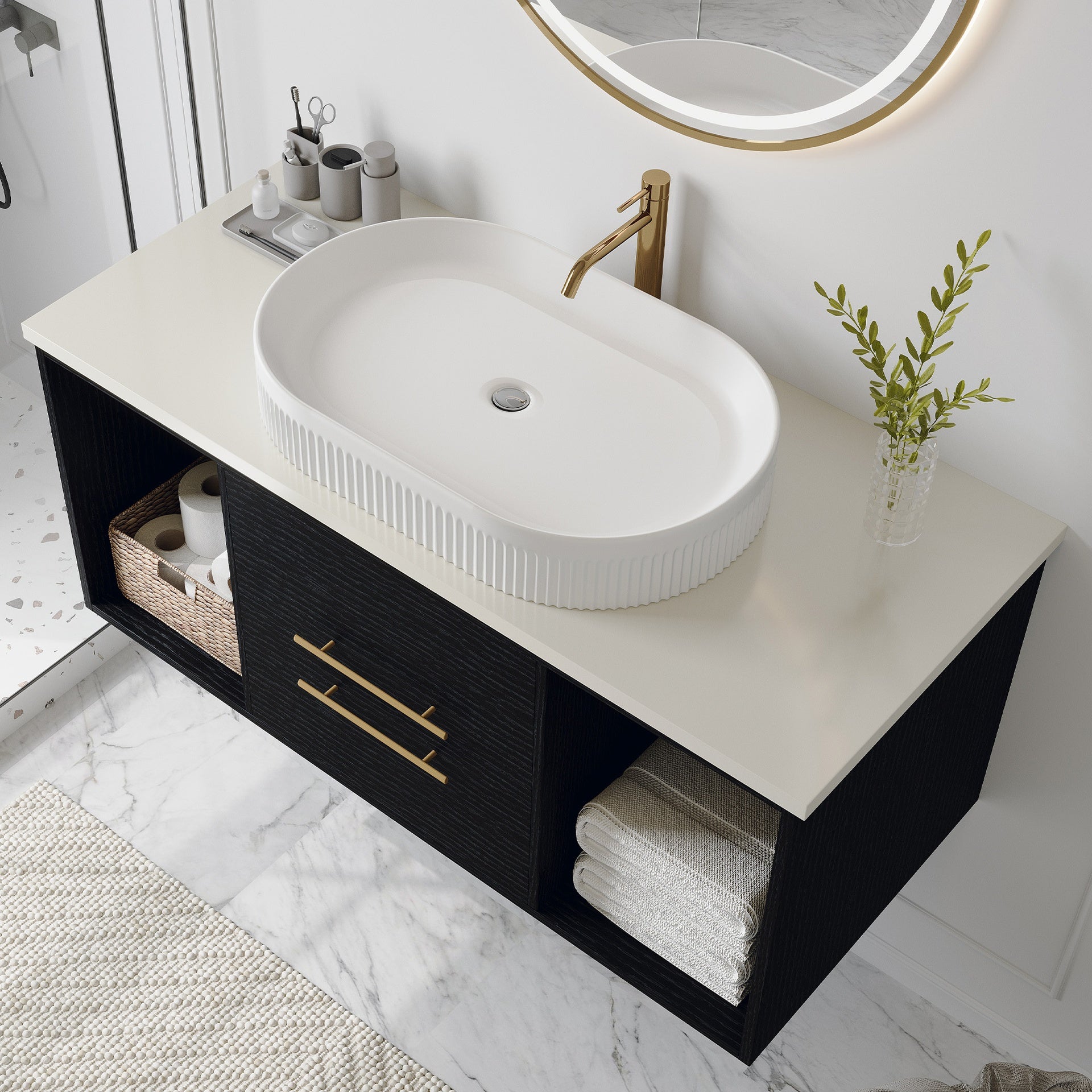 Modern 40-In Wall-Mounted Bathroom Vanity with Oval Ceramic Sink Floating Vanity Multi-Layer Solid Wood Cabinet Soft-Close Drawers Open Shelf Storage