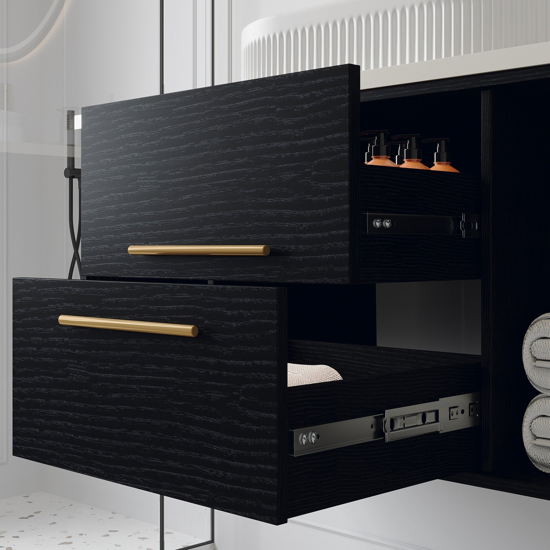 Modern 40-In Wall-Mounted Bathroom Vanity with Oval Ceramic Sink Floating Vanity Multi-Layer Solid Wood Cabinet Soft-Close Drawers Open Shelf Storage