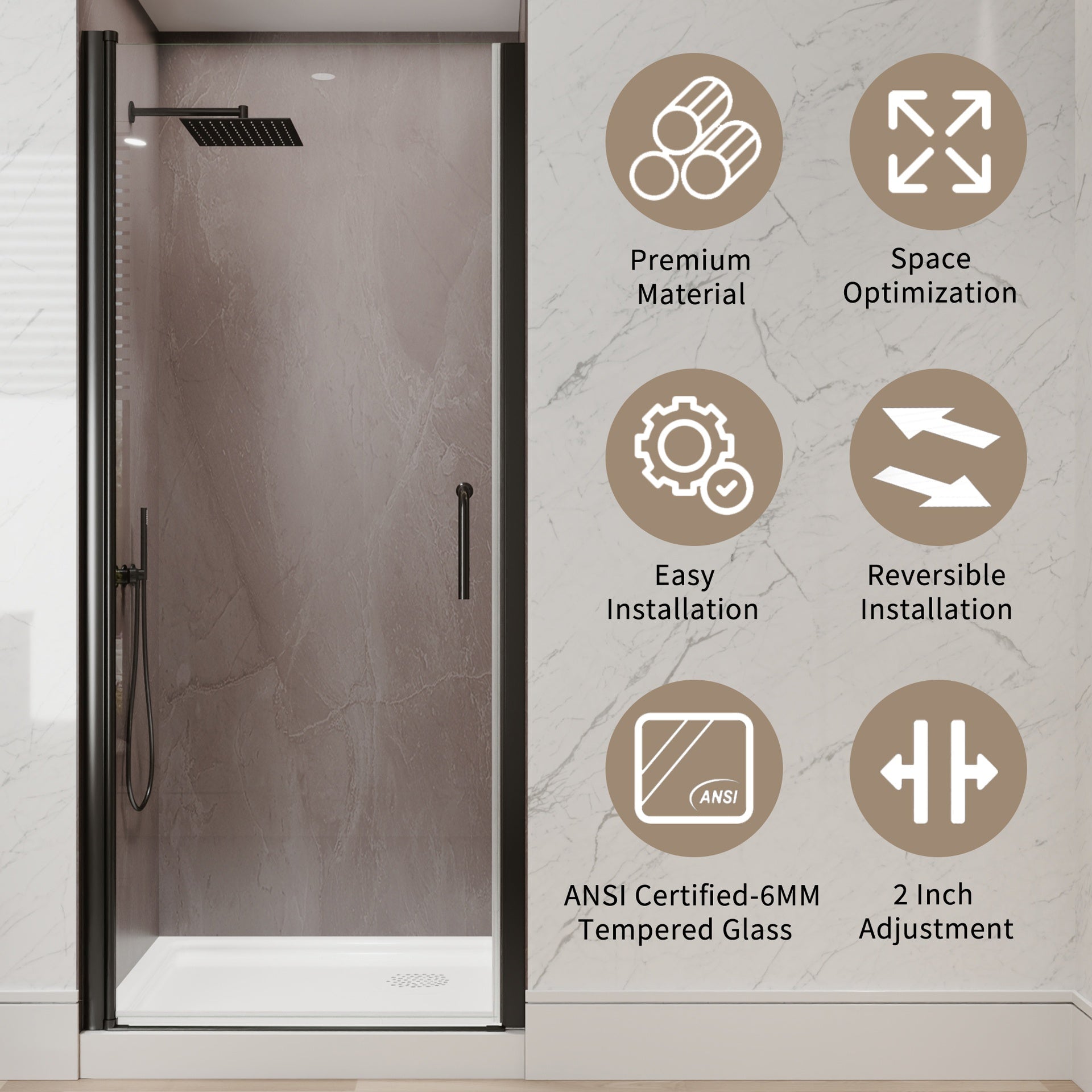 32-34 in.W x 72 in.H Pivot Frameless Shower Door,1/4 in. Clear Glass Pivot Swing Shower Doors in Matt Black,Pivot Shower Door Reversible Installation