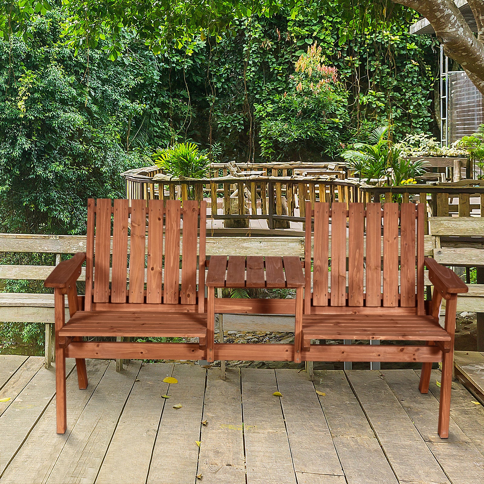 Outsunny Patio Bench, Garden Bench with Middle Table and Umbrella Hole, Wooden Outdoor Bench for Patio, Porch, Poolside, Balcony, Orange