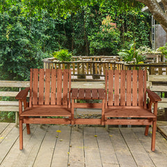 Outsunny Patio Bench, Garden Bench with Middle Table and Umbrella Hole, Wooden Outdoor Bench for Patio, Porch, Poolside, Balcony, Orange